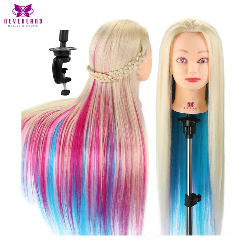 NEVERLAND 70CM de largo pelo grueso peluquería muñeca maniquí cabeza para peinados coloridos Rosa trenzado cabeza de entrenamiento maniquí + regalo