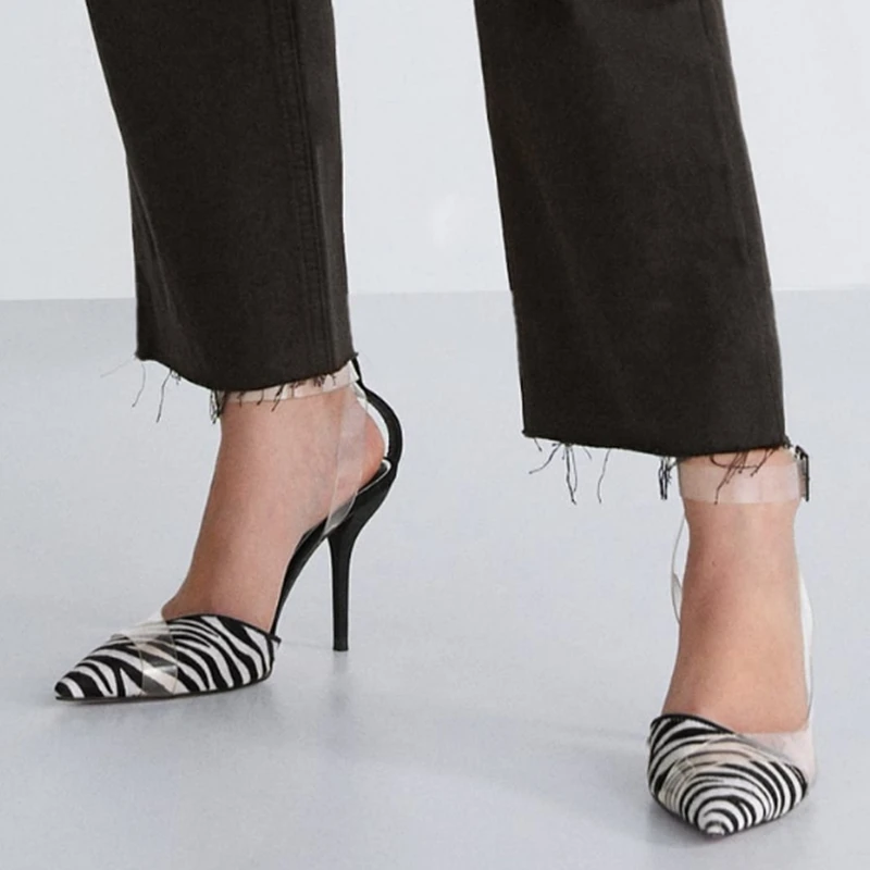

transparent Thin Heels Zebra pattern sandal 2019 New pointed toe Women shoes italian ladies sandals closed toe sandals clear 10