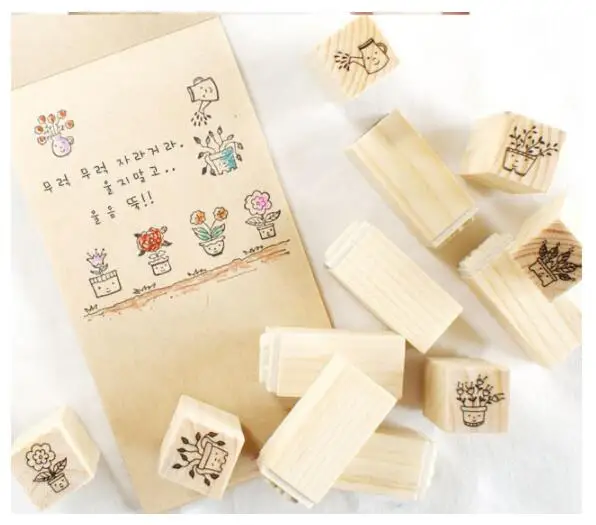 

12Pcs/set New Flower pattern DIY Wooden Rubber Stamp Set Crafts Handmade Photo Album Clear Stamps