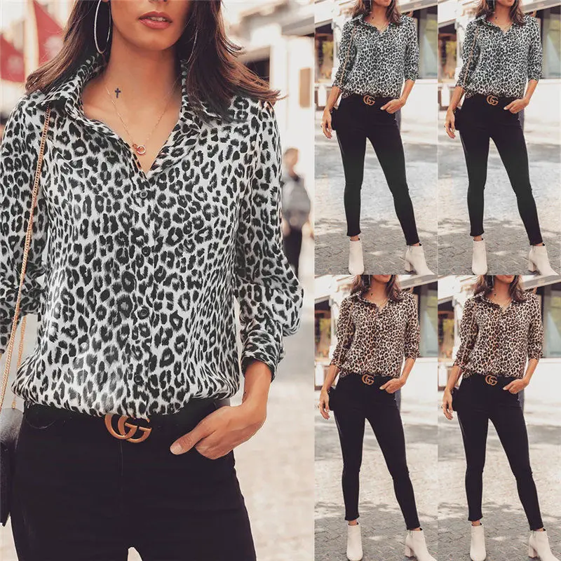 

Women Spring and Summer Leopard Print sexy Long Sleeve Button Turn-down Collar Fashion Blouse Tops