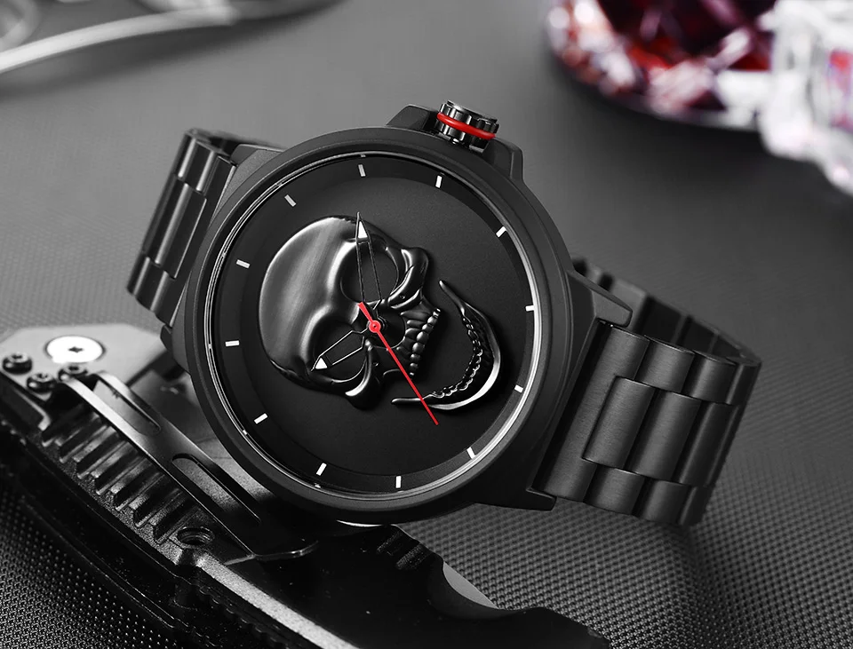 3D черные часы пират Череп Стиль кварцевые мужские часы Брендовые мужские военные стальные мужские спортивные часы водонепроницаемые Relogio Masculino