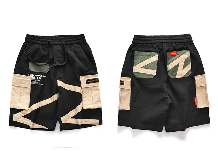 Aelfric Eden Цветные Лоскутные карго шорты мужские военные стиль до колена летние хип хоп Короткие джоггеры патч дизайн уличная одежда - Цвет: Черный