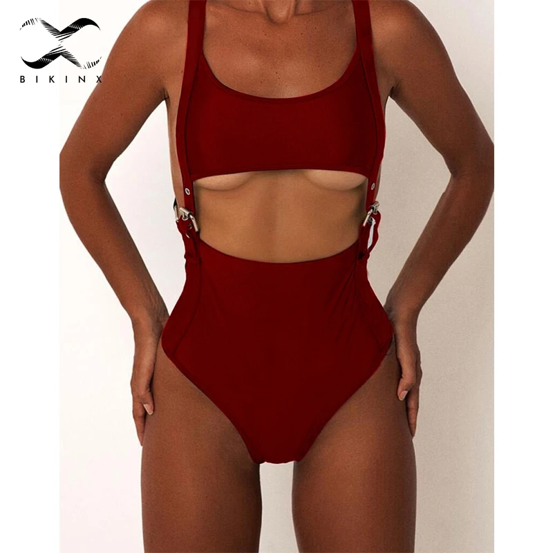Billig Bikinx Niet sexy taille einteiliges anzüge Schwarz gürtel badeanzug 2018 aushöhlen push up bikini Hohe schnitt bade anzug frauen bademode