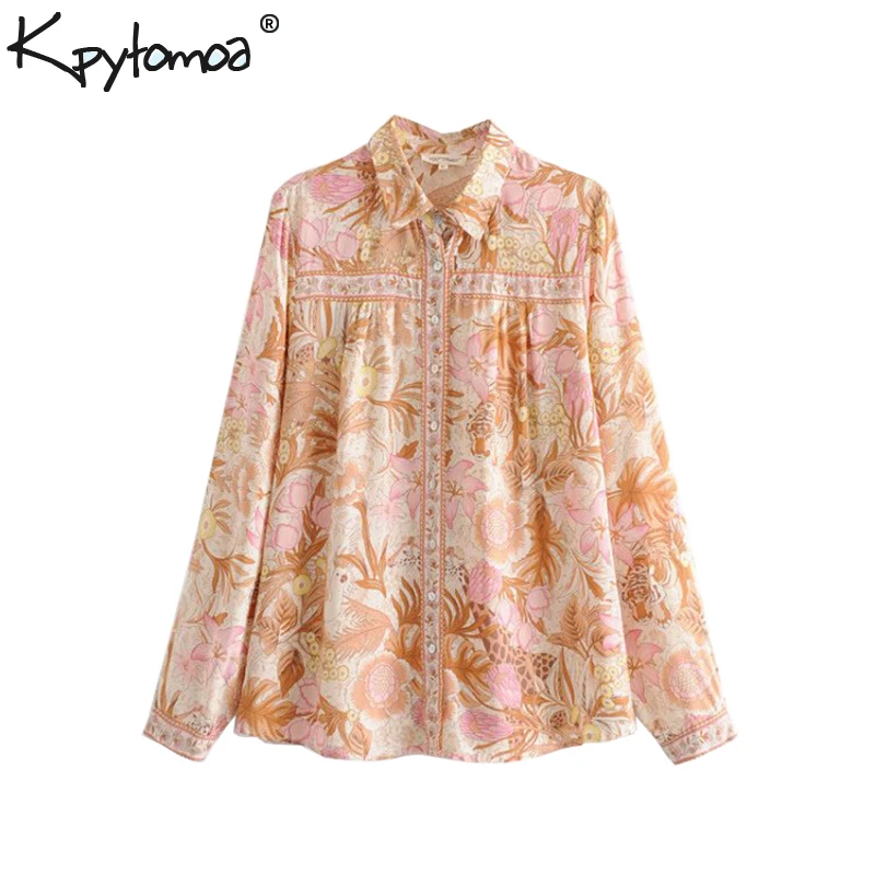 بوهو شيك الصيف قمم خمر الزهور طباعة قمصان 2019 أزياء طية صدر السترة طوق طويلة الأكمام الشاطئ البلوزات Blusas موهير