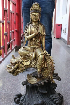 

wholesale factory 32" Chinese Bronze Gilt Temple Kwan-Yin Quan Yin Buddha Ride Dragon Fish Statue AE1024