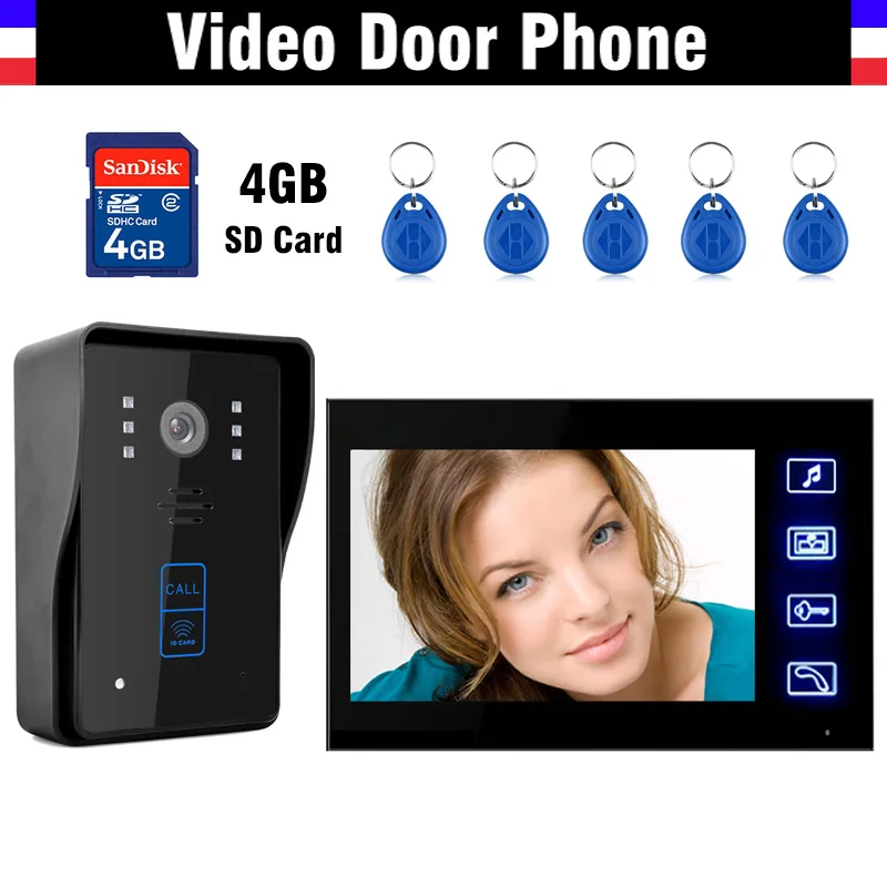 7 Inch LCD Touch Monitor Video Intercom Door Phone ID Card IR Camera 4GB SD Card Recording  Doorbell Video Intercom Door bell