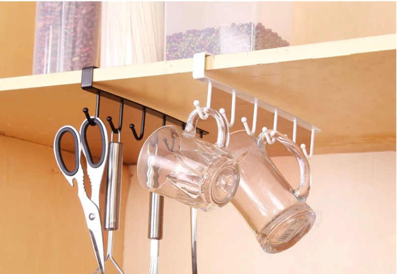 

6 Hooks Cup Holder Iron Hanging Hook Kitchen Cabinet Storage Rack Shelf Towel Storage Rack Organiser