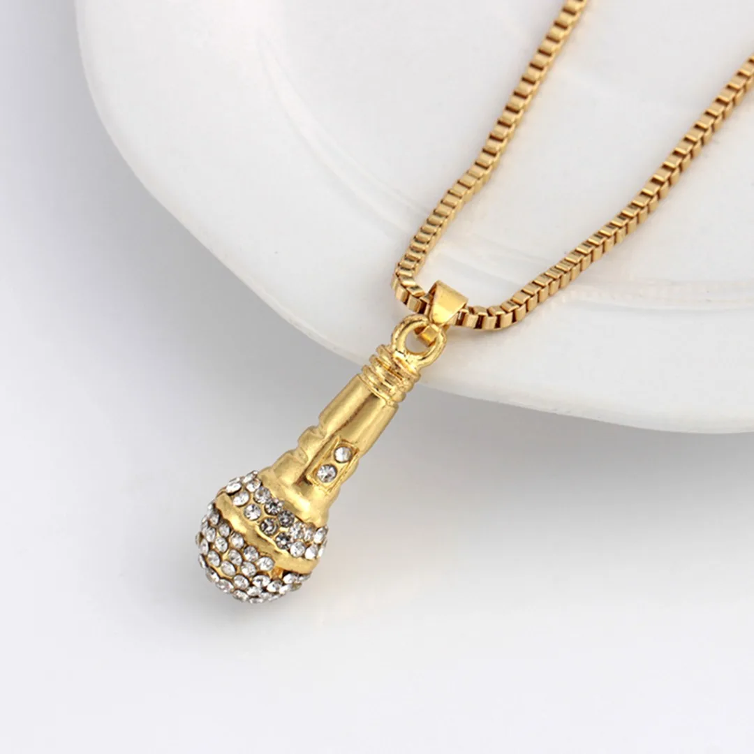 HIP Hop Gold Color Chain Necklace Shellhard Women Men Ice Out Microphone Pendant Necklace Charming Punk Jewelry