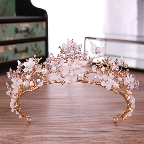 Бабочка цветы невесты корона жемчужная свадебная корона и диадемы свадебные украшения для волос, корона на голову аксессуары для женщин - Окраска металла: Золотой цвет