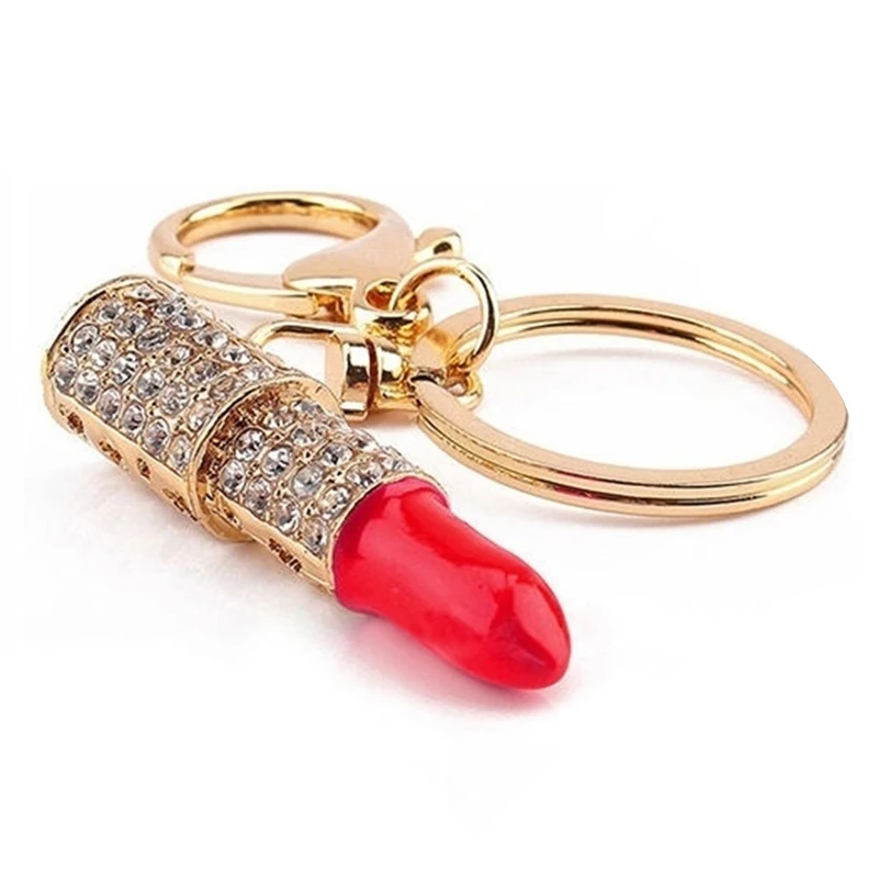

Fashion Cute Alloy Crystal Lipstick Keychain Red Pink Blue Rose Red