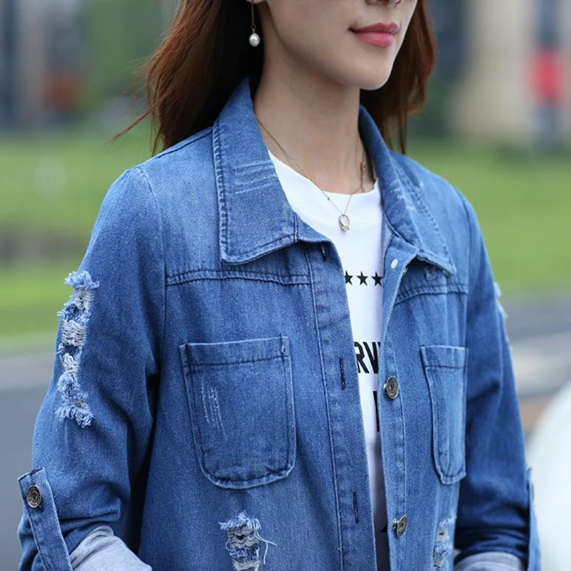 low cost Long Jeans Jacket Women Casacos Feminino Slim Ripped Denim Jacket Femme Elegant Vintage Frayed Jack