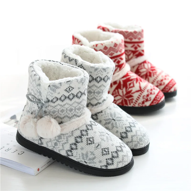 

Girl's Winter slippers Flat with Short plush Butterfly-knot Pattern Weave House slipper for women High top Plush ball