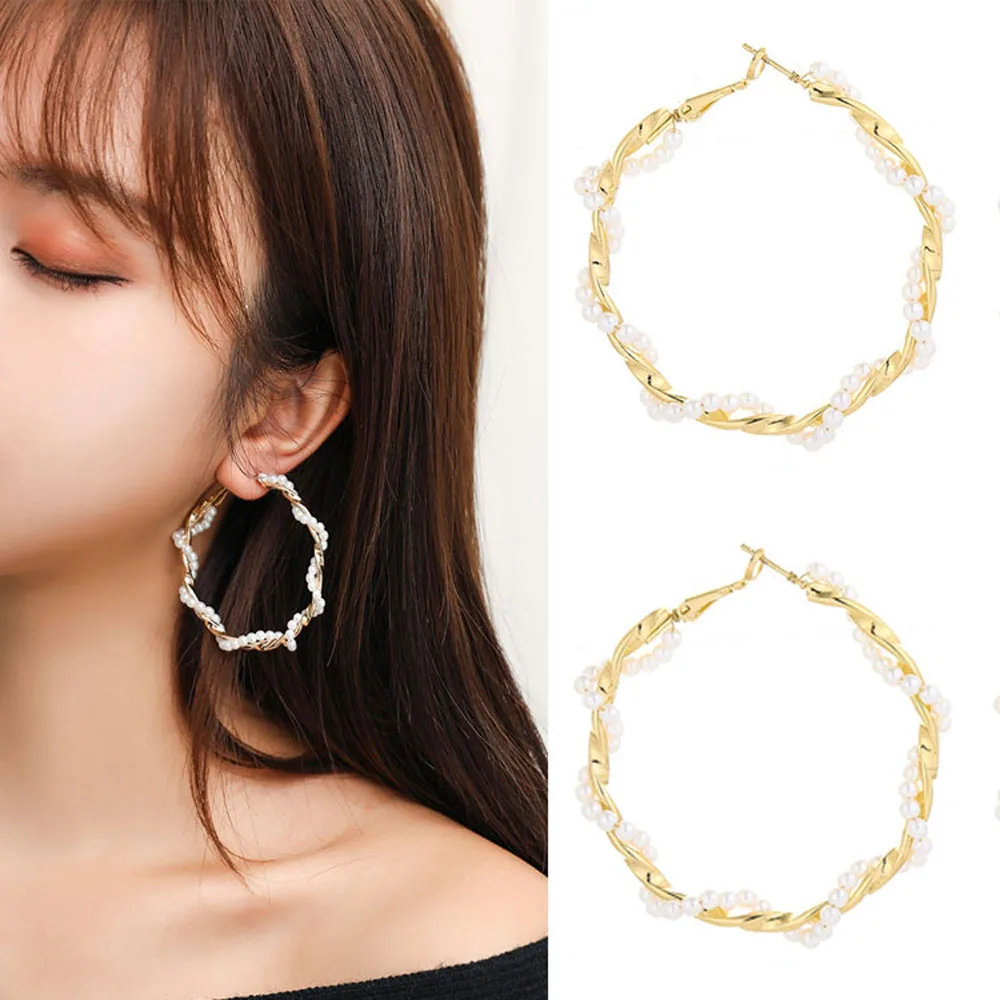 

Charm Imitation Pearl Circle Earrings Big Round Hoop Earrings Personality Fashion Earrings Women Retro Jewelry Gift