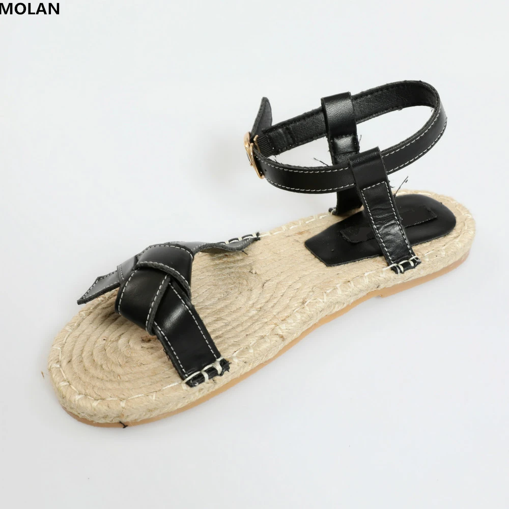 

MOLAN Brand Designer 2019 Summer Leather Butterfly-knot Straw Thick Bottom Lace Up Woman Sandals High Quality Female Shoe Buckle