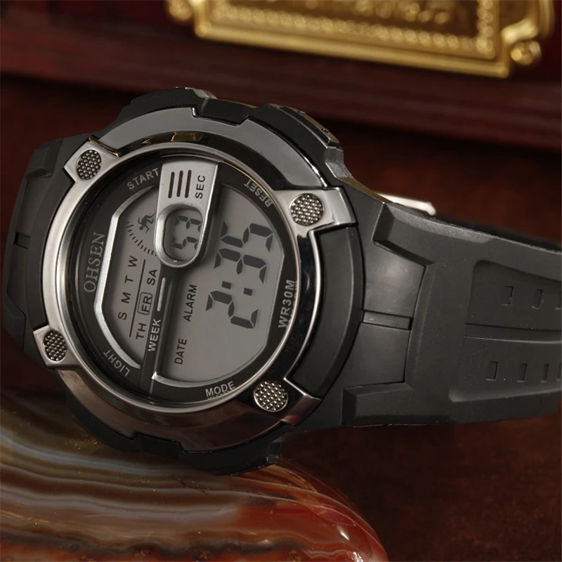 Новинка OHSEN мужские цифровые спортивные часы с будильником, датой, днем, хронографом, 7 цветов, светодиодный светильник, 3 АТМ, водонепроницаемые резиновые наручные часы