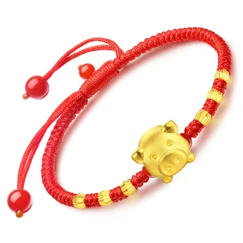 24K Real Gold Bracelet 3D Zodiac Mouse For Women Red Color Rope Knitted Lucky
