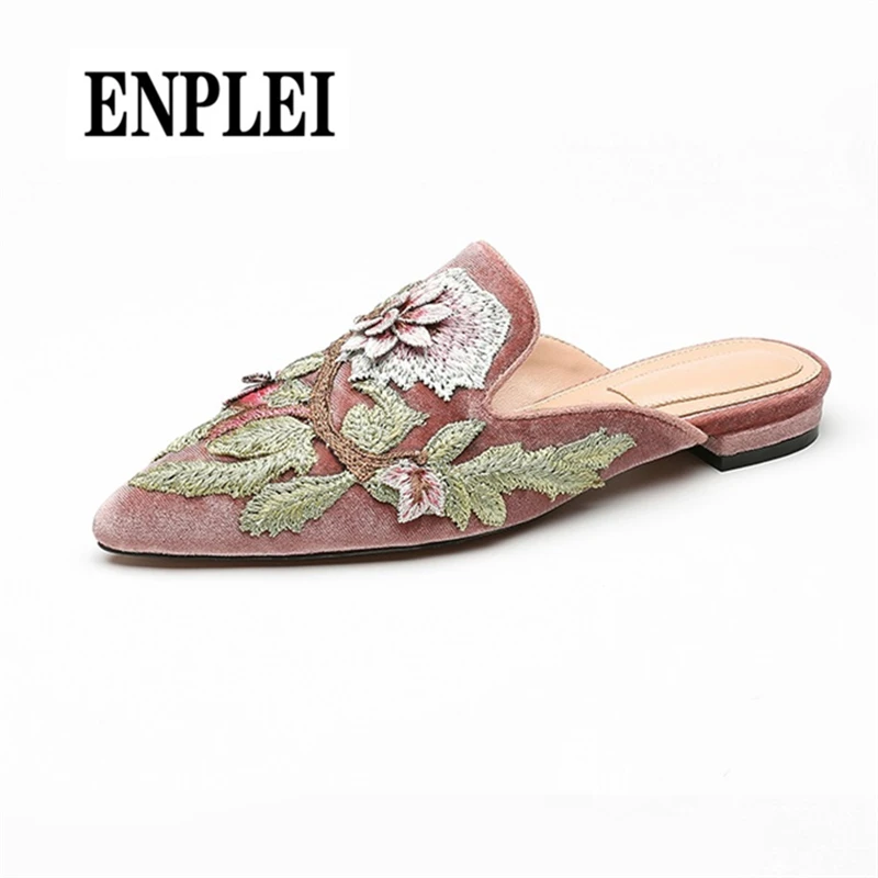 

ENPLEI Spring summer silk velvet Slippers women Embroidery flower Shoes flat Heels lazy loafers Pointed Toe mules Size 35-40