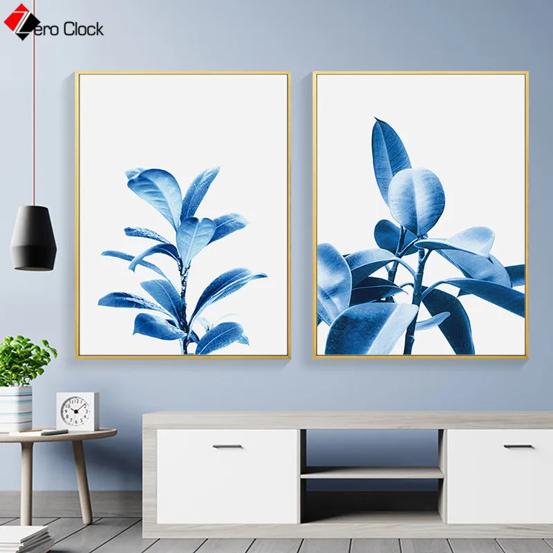 

Indigo Plant Canvas Painting Ficus Prints Blue Leaf Poster Minimalist Wall Art Decorative Wall Pictures for Living Room Unframed