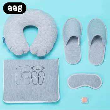 

AAG Inflatable U Shape Neck Pillow Portable Folding 5 Piece Set Travel Suit Neck Pillow Slippers Eye mask Earplugs Storage Bag