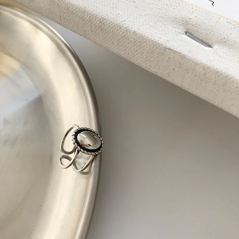 Кольцо из стерлингового серебра 925 пробы, модное Ретро Старое глянцевое овальное кольцо, регулируемое кольцо, простые женские серебряные ювелирные изделия для девушек