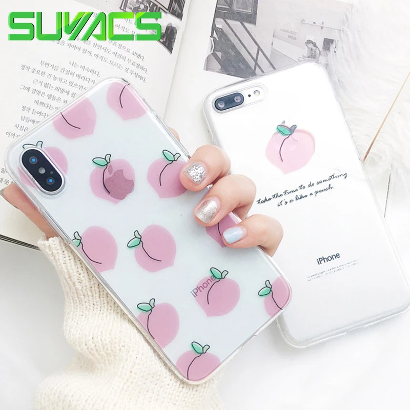 

SUYACS Phone Case For iPhone 6 6S 7 8 Plus X Summer Pink Peaches Pattern Clear Soft Transparent TPU Cases Cover Shells Coque