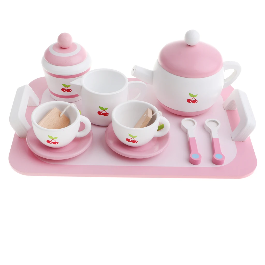 Pink Kitchen Toys Accessory Set Pretend Play Toy for Kids (Including Tray, Teapot, Tea Caddy, Cups, Plates, Spoons, Tea Bags)