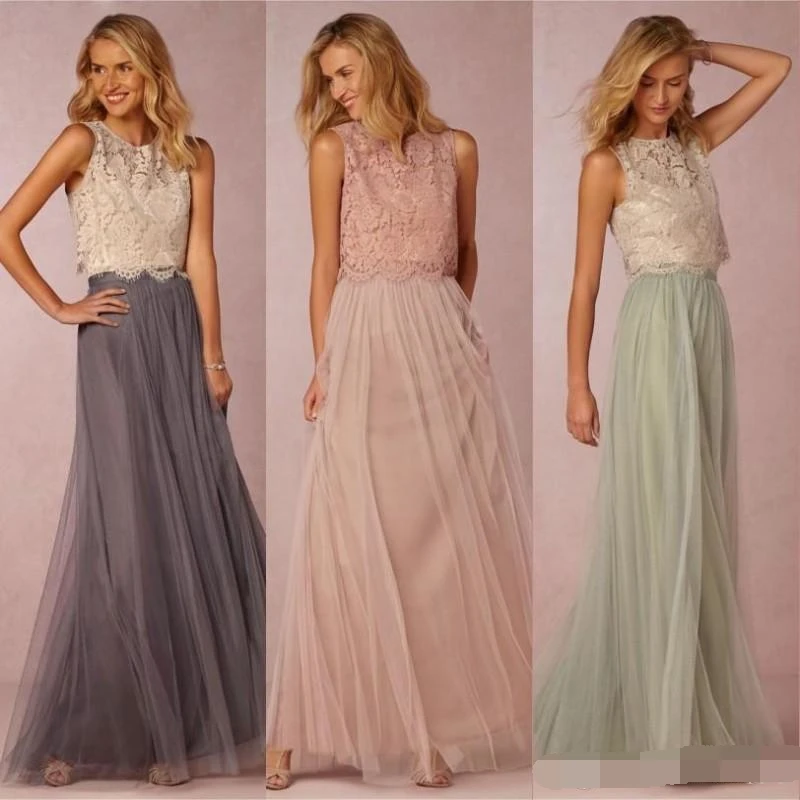 

2019 Vintage Two Pieces Bridesmaid Dresses Ruched Floor Length vestido madrinha Mint Grey Bridesmaids Lace Wedding Party dress
