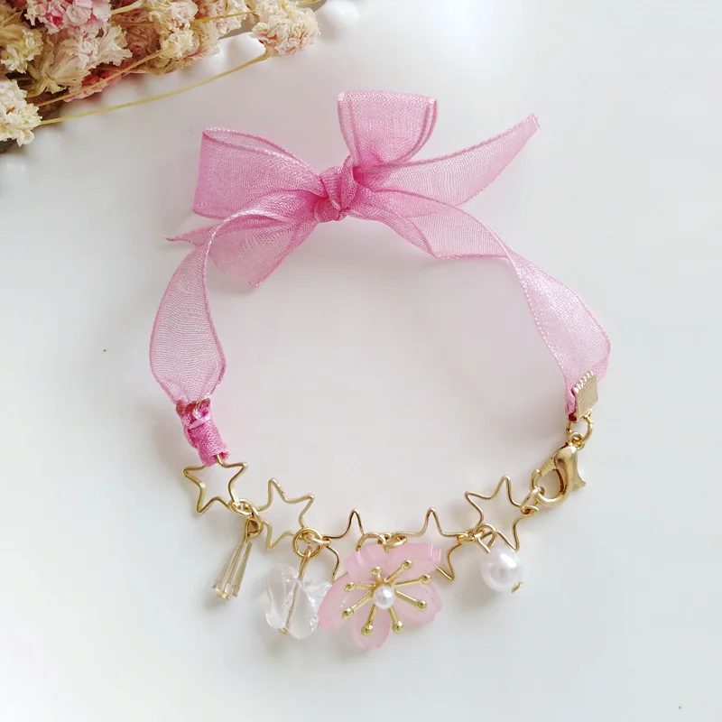 

Japan Beaded Bow Tie Lace-up Bowknot Bracelets with Caystal Pearl Hollowed out Moon Star Crystal Charms Bracelet For Women