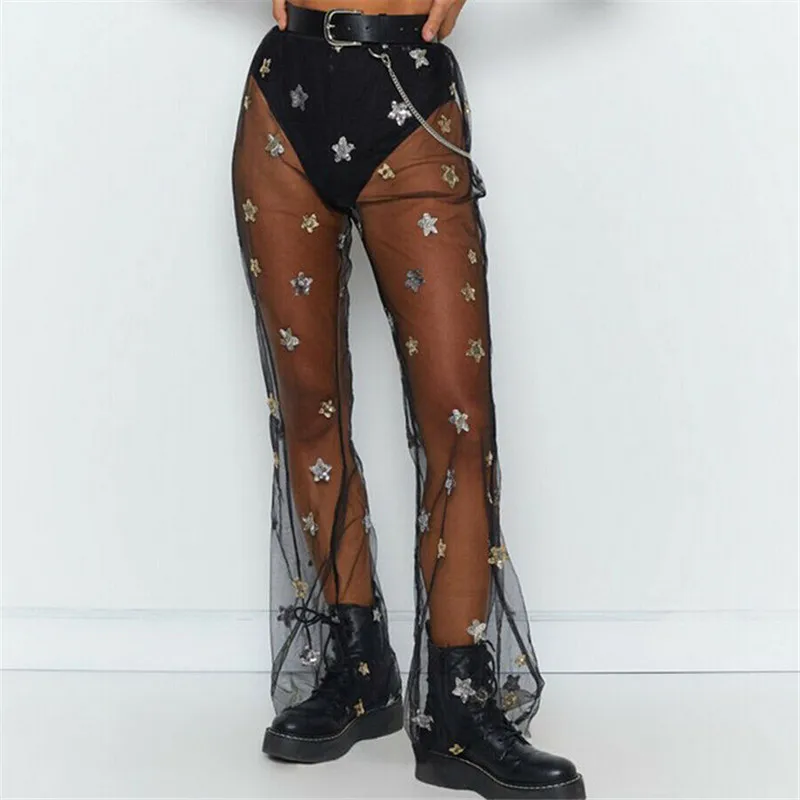 

Women Sequines Star Mesh Sheer Perspective Pants Fashion Lady Beach Bikini Cover Up Trousers 2019 Summer See Through Long Pants