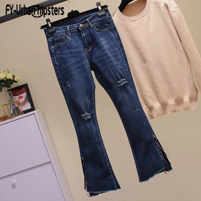Mezclilla Mujeres Pantalones Cinta Cintura La Mujer Pierna Rip Tobillo Jeans Denim Agujero Longitud Decoración Stretch Blue Dividir Dark Coreano Las Vaqueros 6820 De Del qYWaanOf0