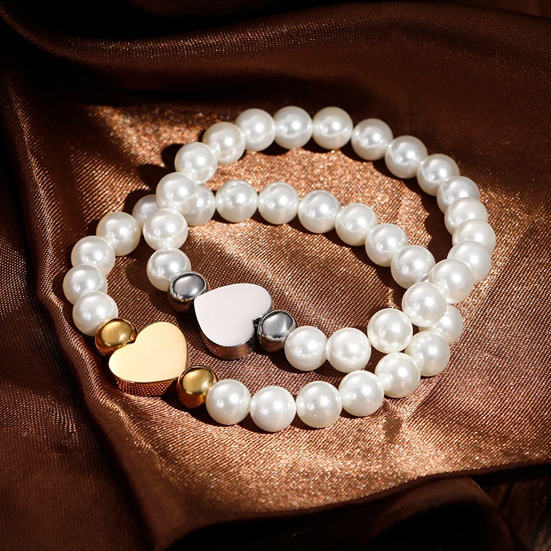 

Cute Heart Charm Shell Pearls Bracelet For Women High Polished Stainless Steel Beaded Bracelet