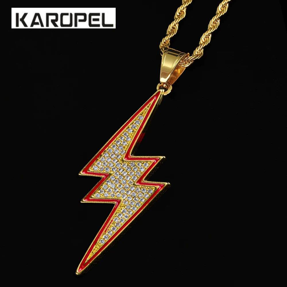 Iced Out микро Pave кубический цирконий гром болт кулон 24 &quotверёвка из нержавеющей