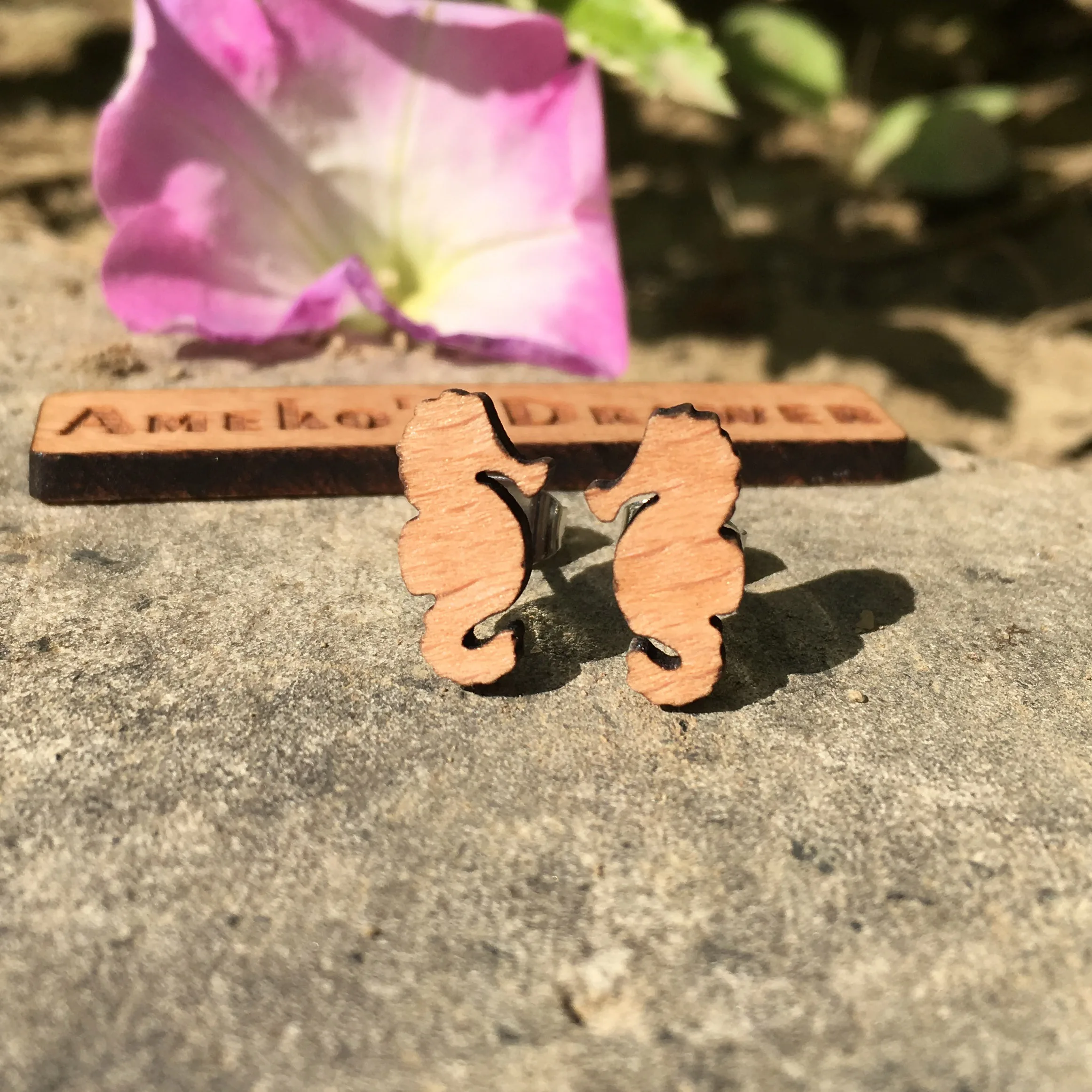 

Seahorse Engraved Earrings Animal Stud Ocean Style Wooden Earring X 1 Pair