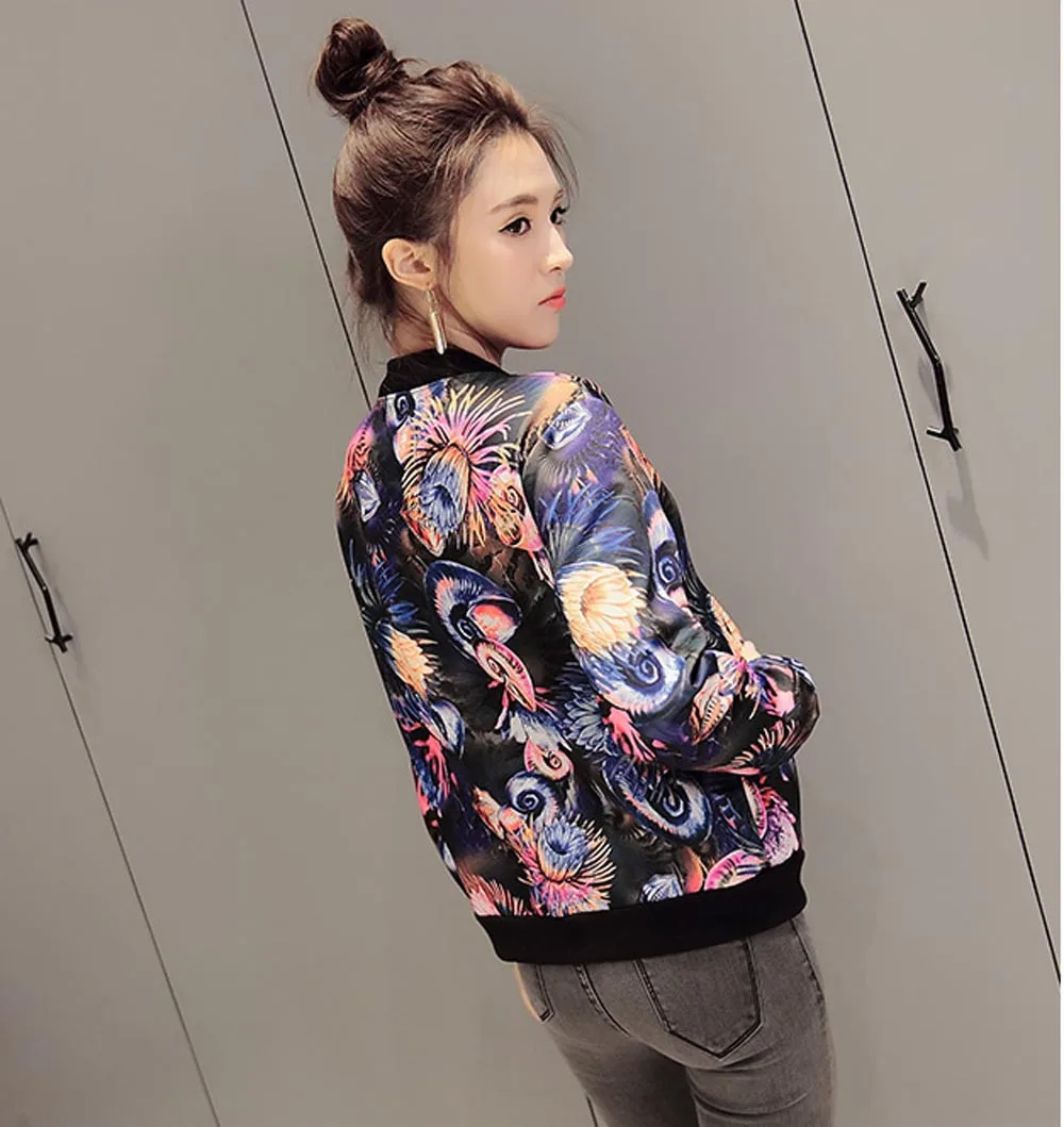 

Free Ostrich Autumn Women Long Sleeve Zipper Floral Printed Bomber Jacket Coat Outwear jaqueta feminina casacos