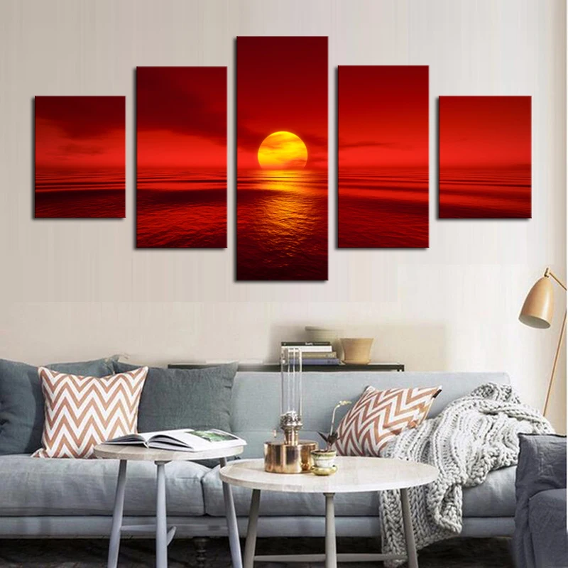 Картины на холсте модульный домашний Декор 5 шт. закат красное солнце море Природный Пейзаж Плакат пейзаж картины гостиной стены искусства