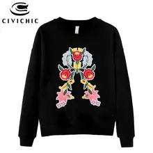 CIVICHIC Этническая Вышивка женский хлопковый топ с круглым вырезом и длинными рукавами, футболка с цветочным принтом, хлопчатобумажная трикотажная рубашка, стекающийся пуловер WLT44