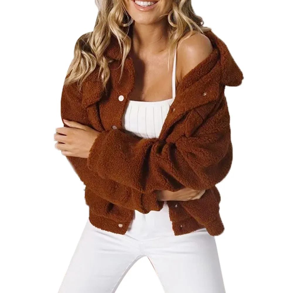 Casual Women Winter Warm Thick faux fur coat long sleeve Turn-down Collar fur coat Pure Color Pocket Lamb Cashmere fur jacket