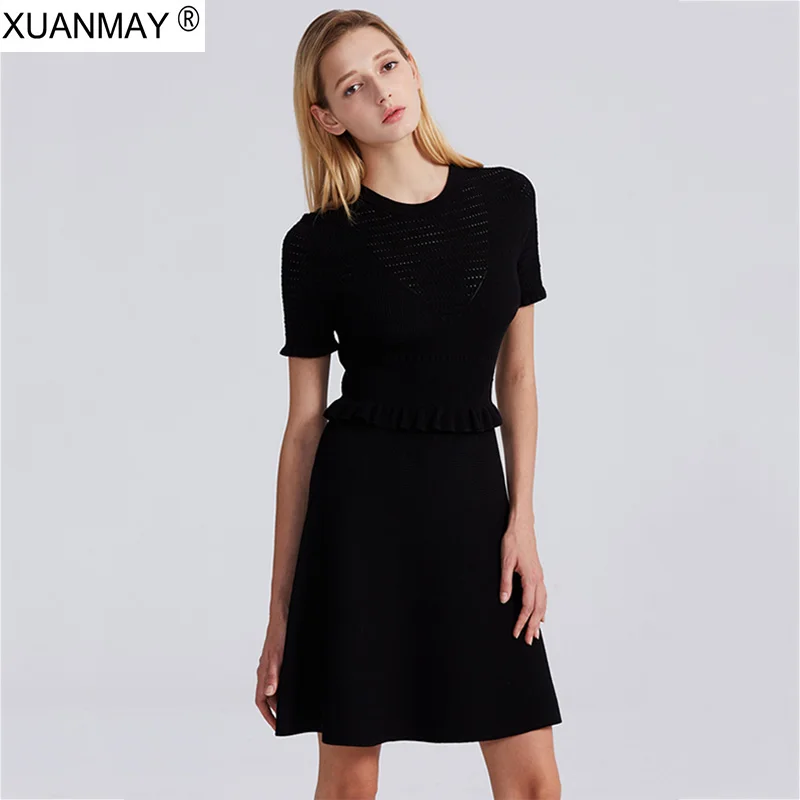 

2019 Summer Dress Female Fashion pure White dirndl knit Sweater Dress New style Sexy openwork decoration Black Summer dress