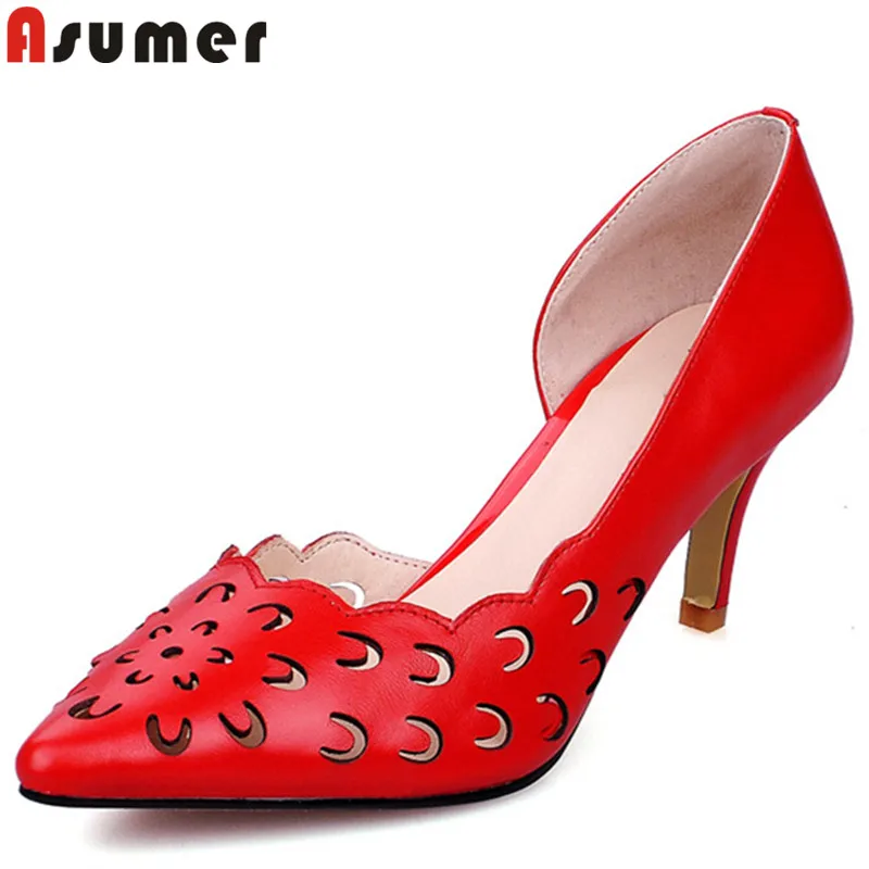 

ASUMER white red fashion new shoes woman pointed toe shallow pumps women shoes genuine leather high heels prom wedding shoes