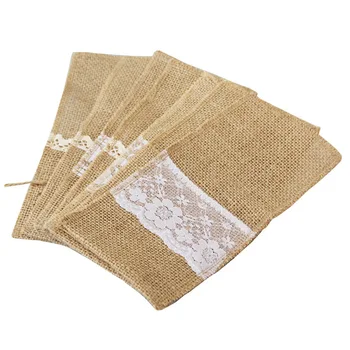 

200pcs Fashion Hot Vintage 4"x8" Hessian Burlap Lace Wedding Tableware Pouch Cutlery Holder Decorations Favor W9800