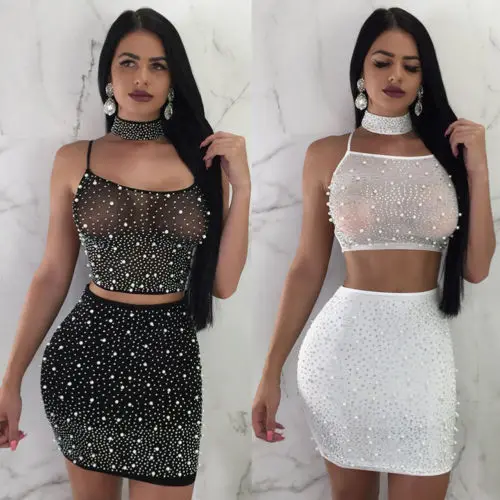 

Summer Women Inlay Crystal Sleeveless Crop Tops Clubwear Skinny Party Mini Skirts Sexy 2pcs New Fashion Streetwear