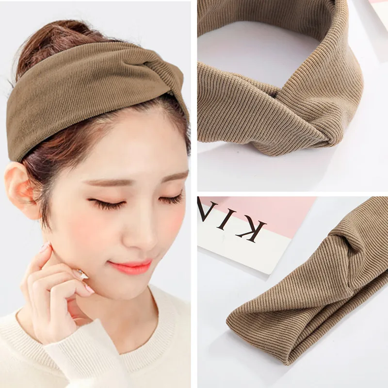 

CHIMERA Simple Fashion Twist Headbands Elastic Wide Jersey Cross Head Wrap Soft Light Brown Boho Hairband Women Solid Turban