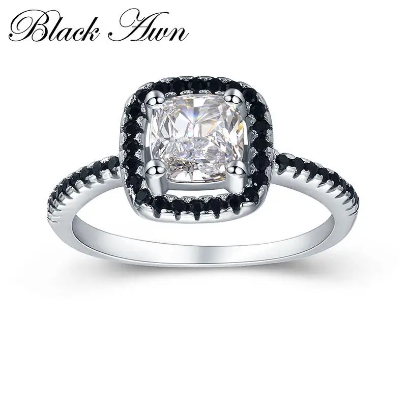 

[BLACK AWN] 3.1g Genuine 925 Sterling Silver Jewelry Row Black Stone Engagement Rings for Women Square Zircon Wedding Rings C435