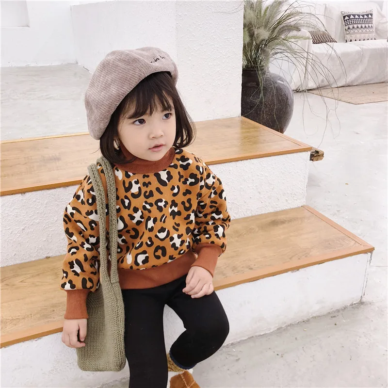 

Korean style Winter cute fashion girls plush fleece thicken leopard print hoodies children warm high collar sweatshirts clothes