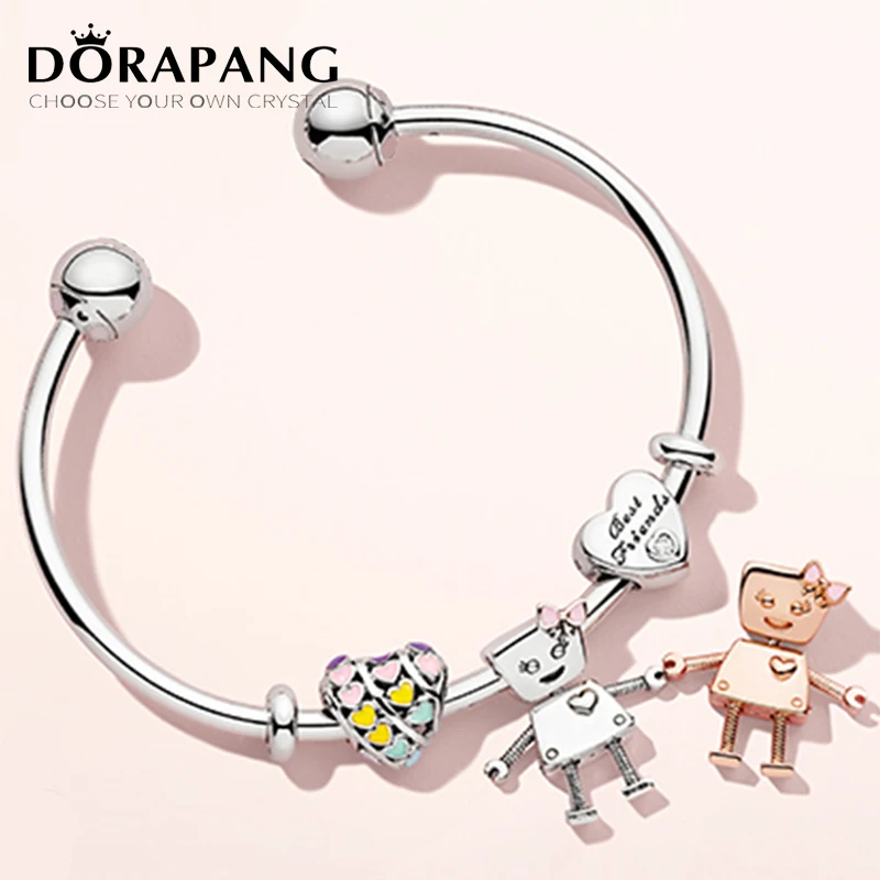 

DORAPANG 100% Sterling Silver Brand New 1:1 Friend Bracelet Sun-Filled Robot & Rose Robot Bracelet Set Fit Original DIY Bangle