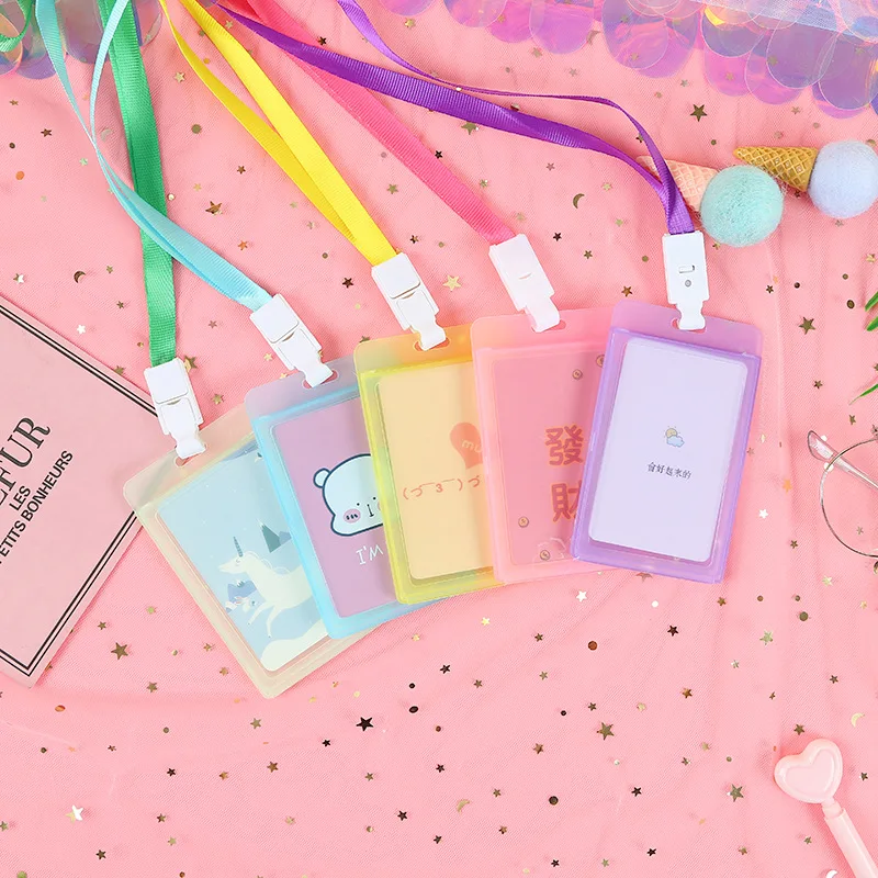 

Students Hanging Rope Card Holder Candy Color Cute Cartoon Children Card Cover for Women Business Transparent Plastic Card Case