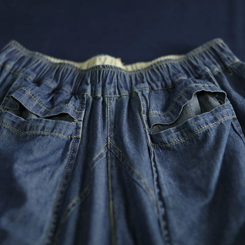 [EWQ] 2019 весенне-летние новые модные джинсовые Лоскутные штаны с эластичным поясом и двойными карманами, женские штаны-шаровары AE25605XL