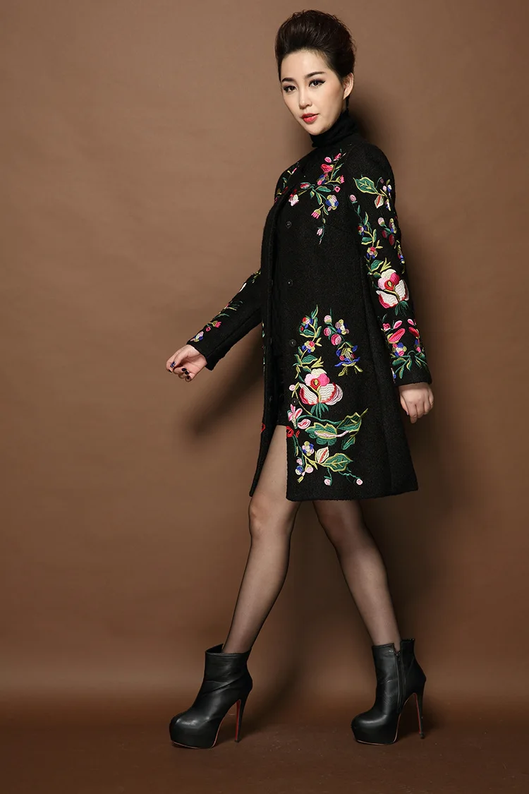 Винтажное Королевское осеннее и зимнее шерстяное пальто с вышивкой женское китайское стильное подиумное дамское элегантное пальто размера плюс тонкое пальто S-4XL