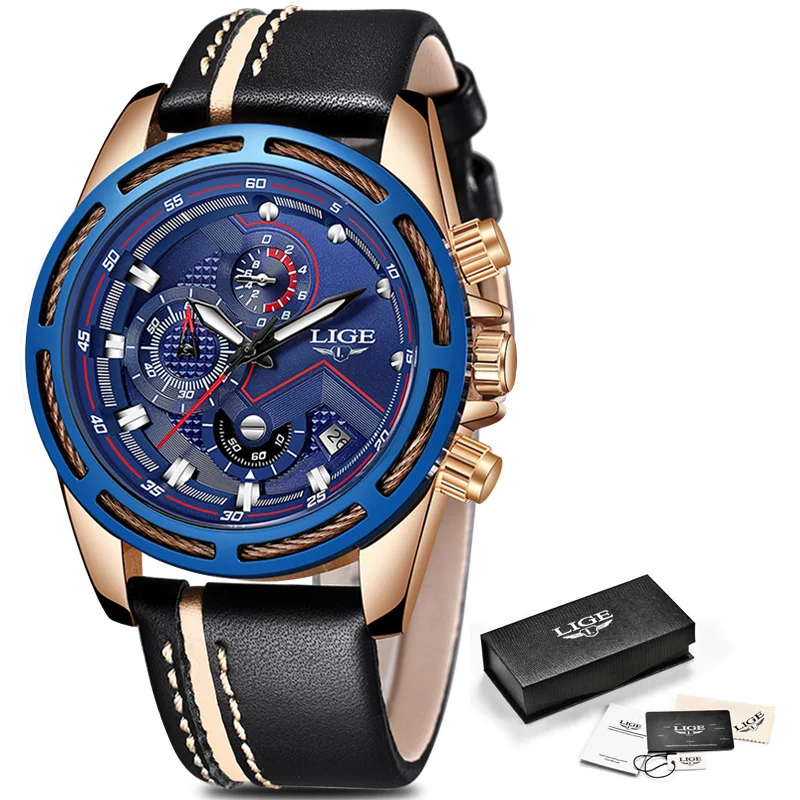 

LIGE Fashion Leather Sport Quartz Man Watches Military Chronograph Wrist Watches Men Army Style Clock Male Relogio Masculino+Box