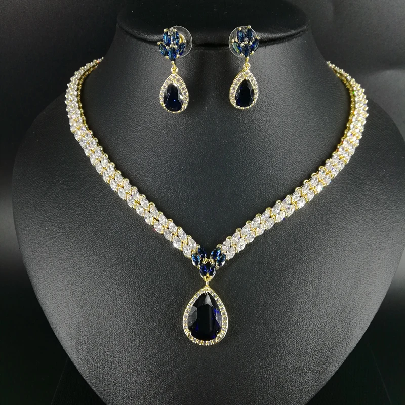 

2019 new fashion shinning BLUE zircon water drop golden necklace earring set,wedding bride banquet formal dressing jewelry